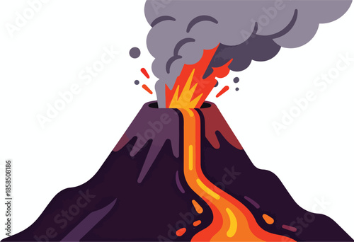 Stylized volcano erupting with lava flow and smoke clouds