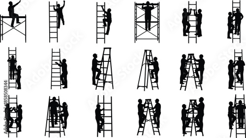 Construction worker silhouettes climbing ladders and scaffolding safety teamwork industry black vector illustration isolated white background set design collection graphic