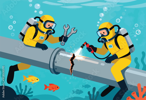 Divers repair underwater pipe with welding torch and wrenches