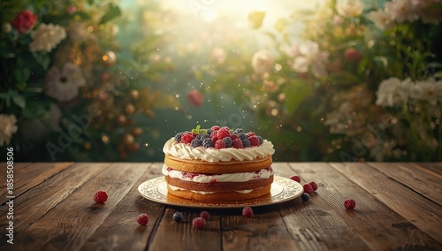 Baked cake garnished with seaberry, designed for dessert display and flavor accentuation