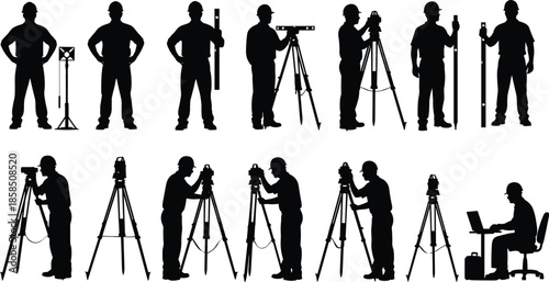 Surveyor worker silhouettes with tripod equipment construction measurement profession set black vector illustration isolated white background design technical industry collection