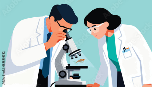 Scientists examining a tiny creature under a microscope