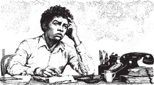 Thoughtful man sitting at a desk with paper and phone. Vintage vector illustration featuring a creative workspace set with artistic tools.