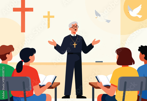 Teacher with students, crosses, and doves in a classroom setting