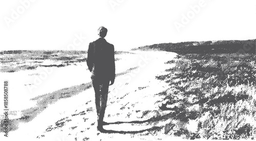 Man walking along the beach in a black and white silhouette. Nature scenery vector illustration depicting tranquility and solitude in a landscape.