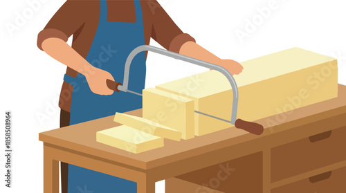A person in an apron cuts a large block of yellow material with a saw