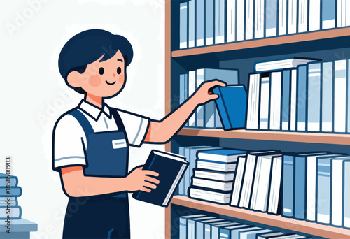 Smiling person in blue apron placing book on shelf amidst many books