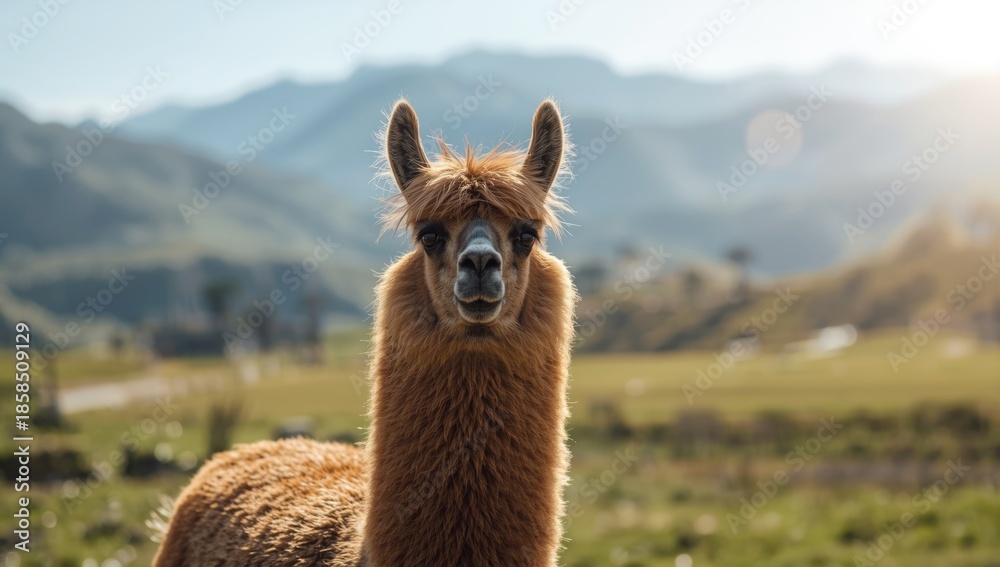 Fototapeta premium Domesticated llama standing on rugged terrain, highlighting pack animal utility, World Animal Day