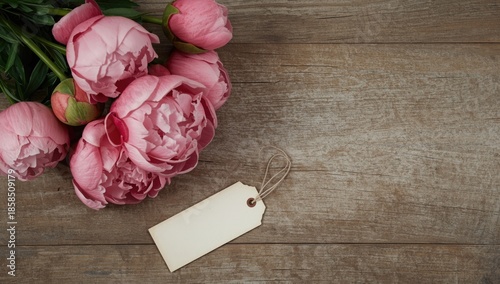 Pink peonies blooms arranged on rustic wooden surface, ideal for floral design or greeting card layout for Valentine's Day