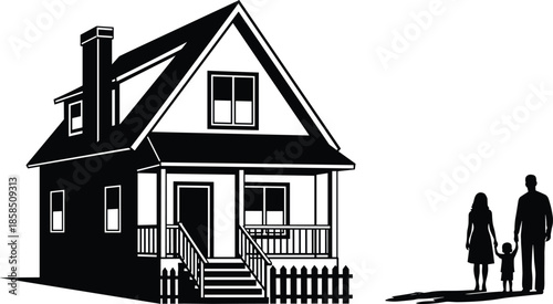 Family home silhouette illustration with parents and child near house concept for real estate housing security vector design isolated black