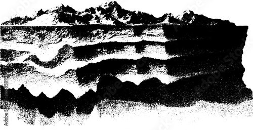 Vintage print illustration showcasing geological layers. The hand-drawn black outline is rendered in a retro style, with a detailed vector illustration set in monochrome.