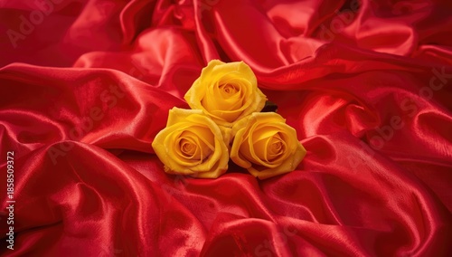 Yellow roses placed on a red satin surface with an open area for writing, suitable for greeting cards or invitations
