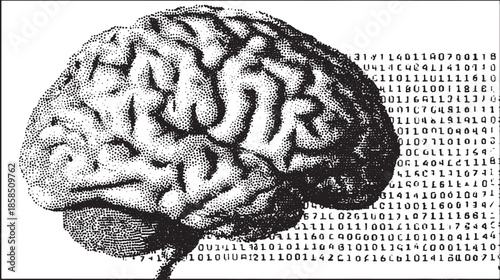 Stylized brain vector illustration in black and white with a dotted texture. This graphic emphasizes thought, intelligence, and creativity.