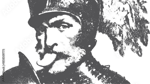 Vintage soldier portrait in black and white. Historical vector illustration showcases military character with detailed helmet and serious expression.