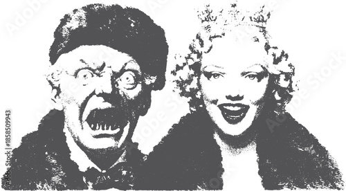 Man and woman in a vintage horror-themed illustration. Scary expression and unique style. Black and white vector illustration.