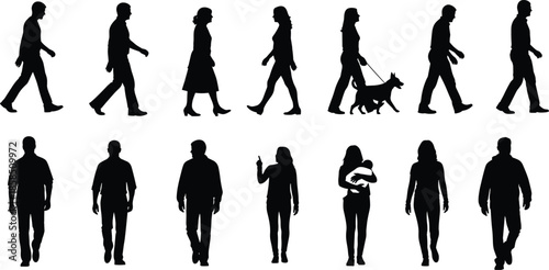 People walking silhouettes set illustration showing men women dog walking human figures isolated black vector collection design elements bundle pack