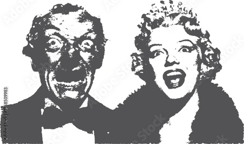 Faces with horror expressions in monochrome art. Vintage vector illustration featuring distortion in a unique style.