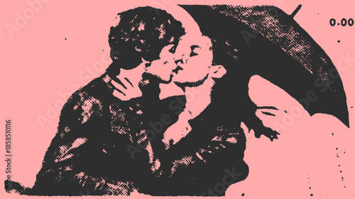 Couple kissing in a vintage black and white style. Romantic photography set against a pink background, showcasing intimacy and a vector illustration.