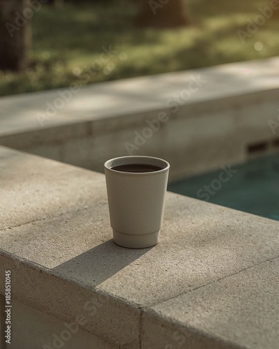 Reusable Cup on Neutral Stone Surface, Outdoor Daylight, Sustainability Campaign