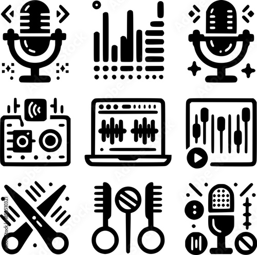 Audio Icon Collection: A collection of meticulously crafted audio icons, encompassing microphones, sound waves, audio editing tools.