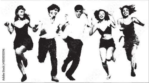 Group of people dancing and running in a vintage black and white photo. Energetic movements showcased in a dynamic vector illustration set.