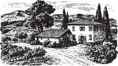 Rustic farmhouse hand-drawn illustration in black and white. Surrounded by trees, mountains, and countryside landscape, this vector illustration captures rural serenity.