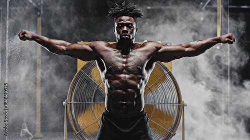 A strong athlete captivates with powerful poses against a backdrop of swirling mist and vibrant machinery, showcasing remarkable strength. The energy pulses through the air as the focus sharpens.