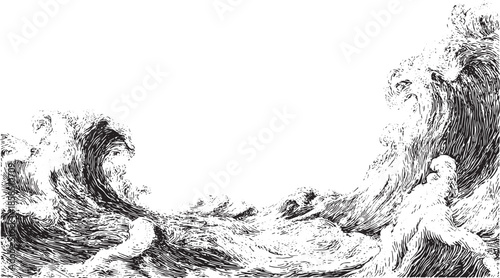 Stylized ocean waves in black and white line art. Dynamic water texture vector illustration in a minimal design set.