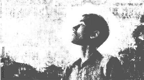 Man gazing upward in a black and white silhouette vector illustration. Artistic representation with texture and hatching effects.