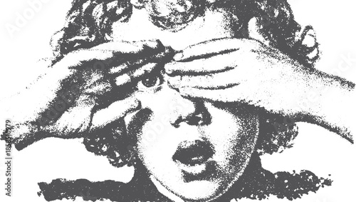 Child's face showing surprise with hands covering eyes in a monochrome style. This vector illustration captures a shocked expression in a simple set.