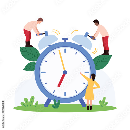 eam members working together to adjust a giant alarm clock. Symbolizes time management and teamwork vector illustration.