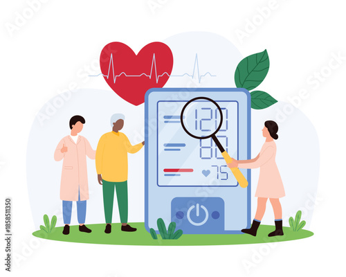 Medical team monitoring a patient s blood pressure. One person uses a magnifying glass on a large blood pressure monitor, while others observe and assist vector illustration.
