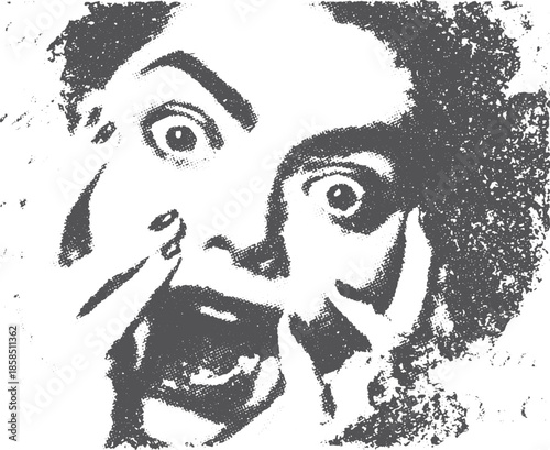 Scared face with shocked expression in a dramatic black and white vector illustration. Stylized graphic portrait showcasing intense emotion and reaction.