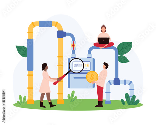 Concept of individuals inspecting a utility meter, reviewing consumption data, with monetary indicating cost, highlighting meticulous resource management budgeting practices vector illustration.