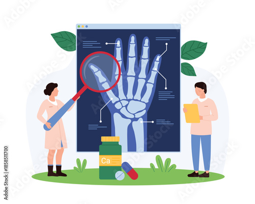 Doctors studying hand joints using a magnifying glass and X-ray, discussing bone structure and potential issues in a medical setting vector illustration.