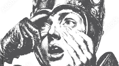Man shows a dramatic expression of victory. Vintage black and white illustration with detailed hands and face, creating a powerful portrait vector.
