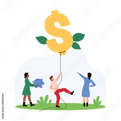 Inflation problem, financial crisis, money savings and investments loss. Tiny people pull big air balloon down, investors hold bubble with dollar sign and piggy bank cartoon vector illustration