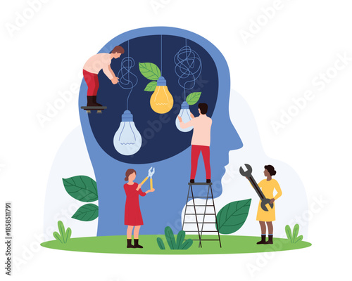 Creative idea to solve problem, solution process simplification Tiny people repair dark broken bulbs with messy knots hanging on wires inside human head, upgrade thoughts cartoon vector illustration