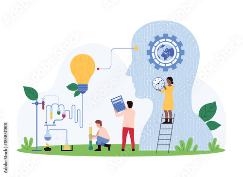 Scientists collaborating with AI technology and innovative tools, conducting experiments and analyzing data to advance scientific knowledge and solutions vector illustration.