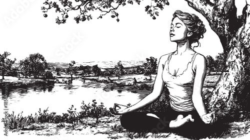 Woman meditating by a lake in nature. Vector illustration of a sketch showing peaceful outdoor scenery with trees and water.