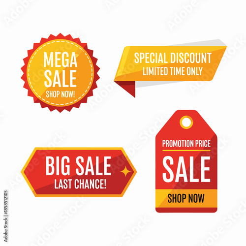 Advertising retail labels collection with bright promotional sale stickers and limited time special discount marketing badges.