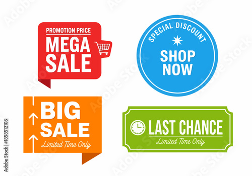 Shopping sale promotion badges set with colorful marketing stickers for mega sale, big sale and last chance campaigns.