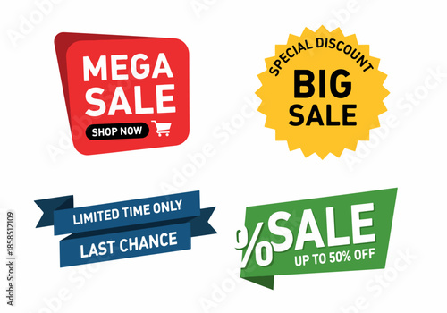 E-commerce promotional stickers with special discount badges and bright retail marketing sale labels collection.