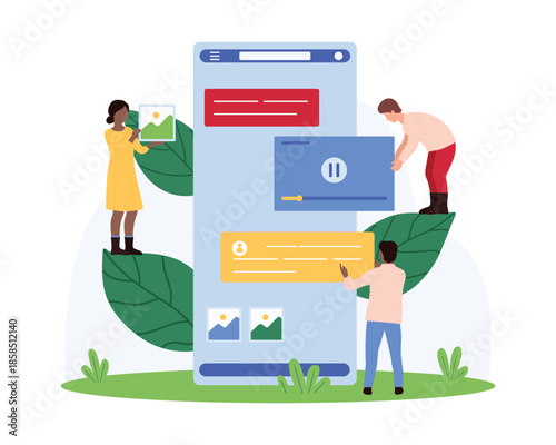 Chat messenger mobile app design development. Tiny people holding speech bubbles of SMS, picture and video icons to put on smartphone screen, develop user interface cartoon vector illustration