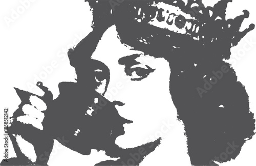 Elegant woman with a crown and tea cup in a black and white silhouette. Vintage vector illustration showcasing beauty and sophistication.
