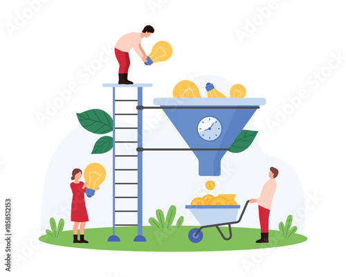Business ideas to make money, creative project monetization. Tiny people monetize smart solutions, man on ladder throwing bright bulbs into big funnel to convert to coins cartoon vector illustration