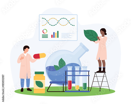 Scientists in lab coats work with giant leaves and capsules, conducting naturopathy research. Scene includes large test tubes, a beaker, and a DNA chart on the wall vector illustration