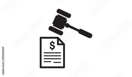 Auction Gavel and Financial Document Icon, Black Silhouette for Legal Proceedings, Debt Collection and Law Concepts