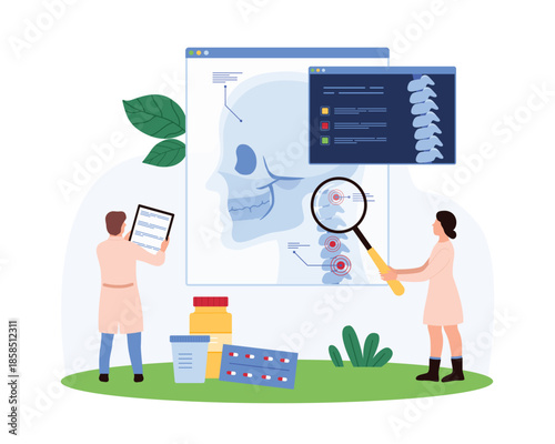 Medical professionals examine a skull and neck x-ray with a giant magnifying glass. Scene includes medication and an anatomical chart, emphasizing detailed medical analysis vector illustration