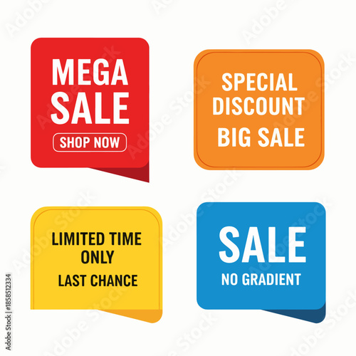 Creative retail promotion badge set with colorful mega sale, special discount and last chance advertising labels.